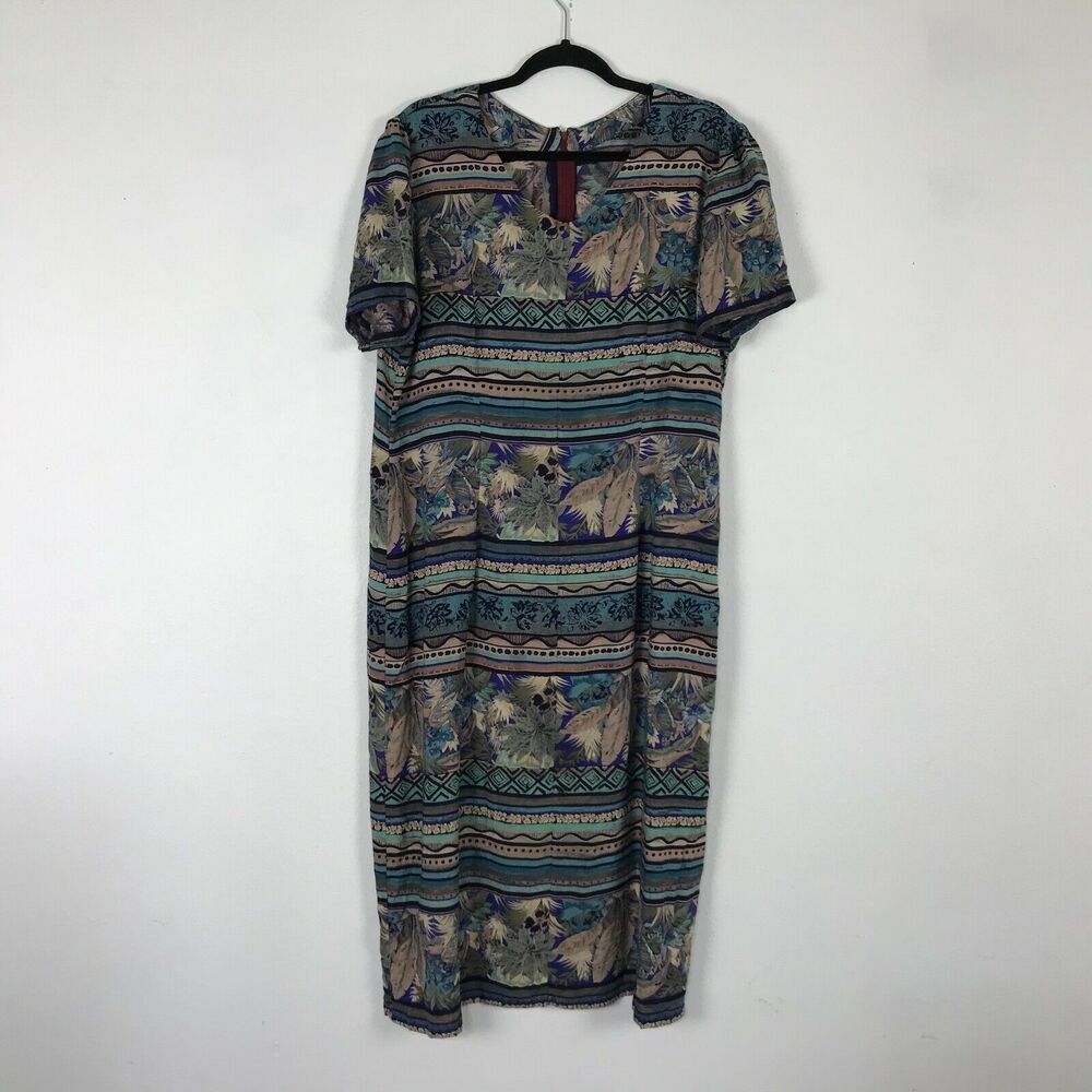 Vintage‎ 80s Homemade Midi Dress Size XL Multicolor Floral Rayon Short Sleeve